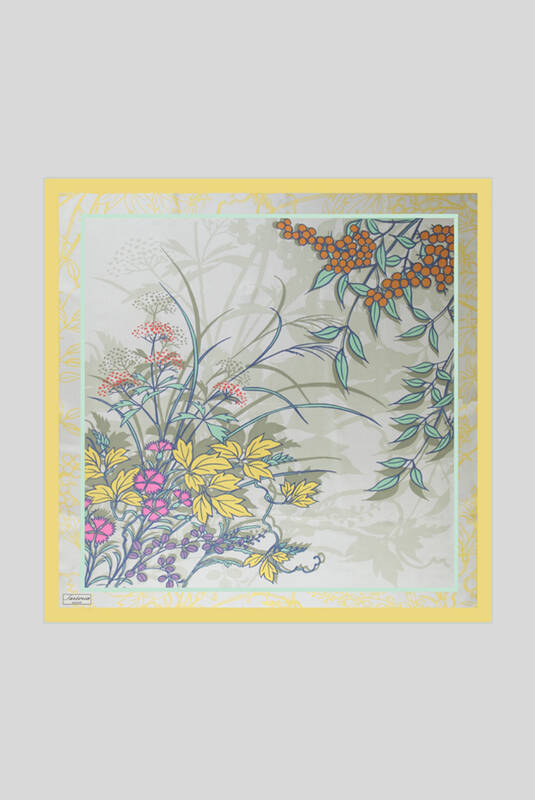 Yaprak Desenli Twill Sarı İpek Eşarp - 1
