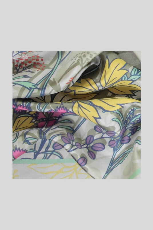 Yaprak Desenli Twill Sarı İpek Eşarp - SARAR (1)