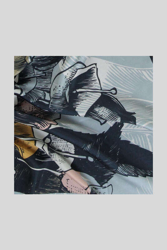 Desenli Çiçekli Twill Buz Mavisi İpek Eşarp - SARAR