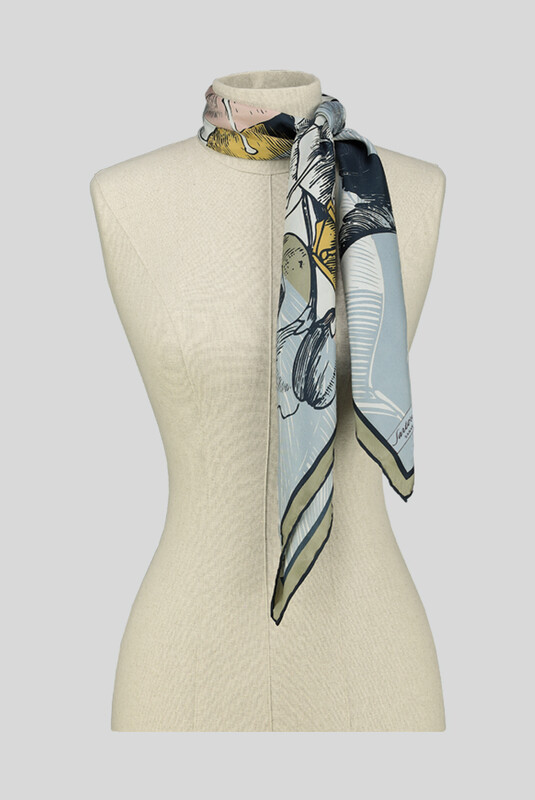 Desenli Çiçekli Twill Buz Mavisi İpek Eşarp - SARAR