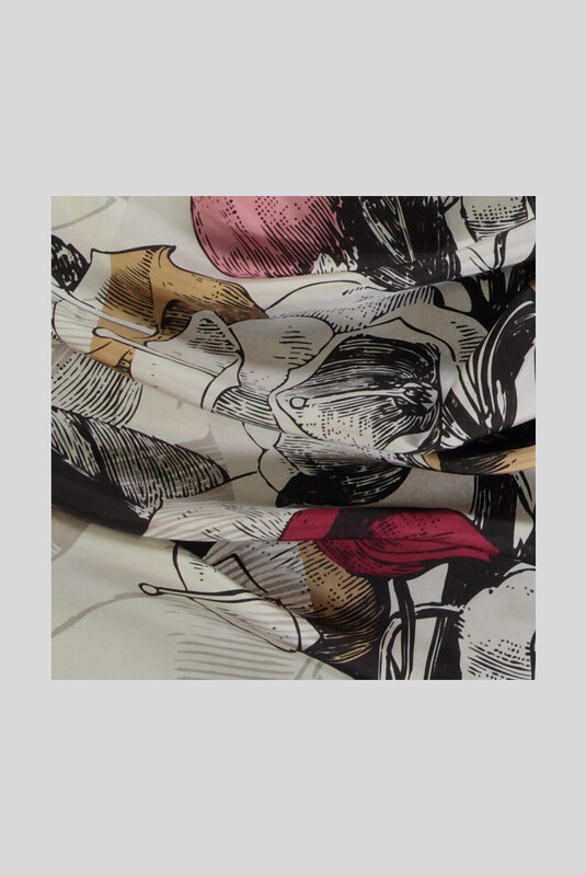 Desenli Çiçekli Twill Ekru İpek Eşarp - SARAR