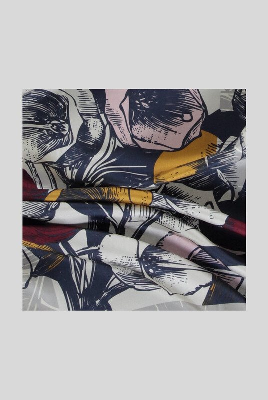 Desenli Çiçekli Twill Gri İpek Eşarp - SARAR