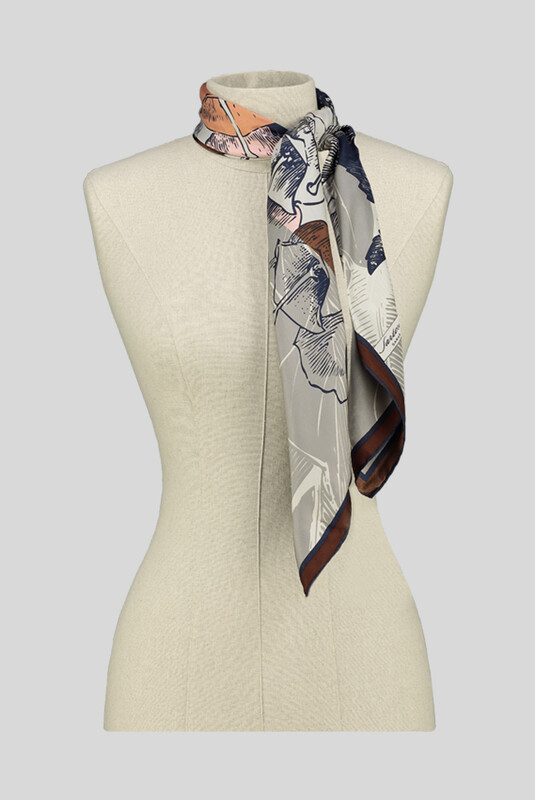 Desenli Çiçekli Twill Kahverengi İpek Eşarp - SARAR