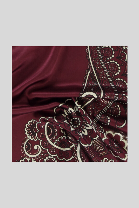 Çiçek Desenli Varaklı Bordo Saten İpek Eşarp - SARAR
