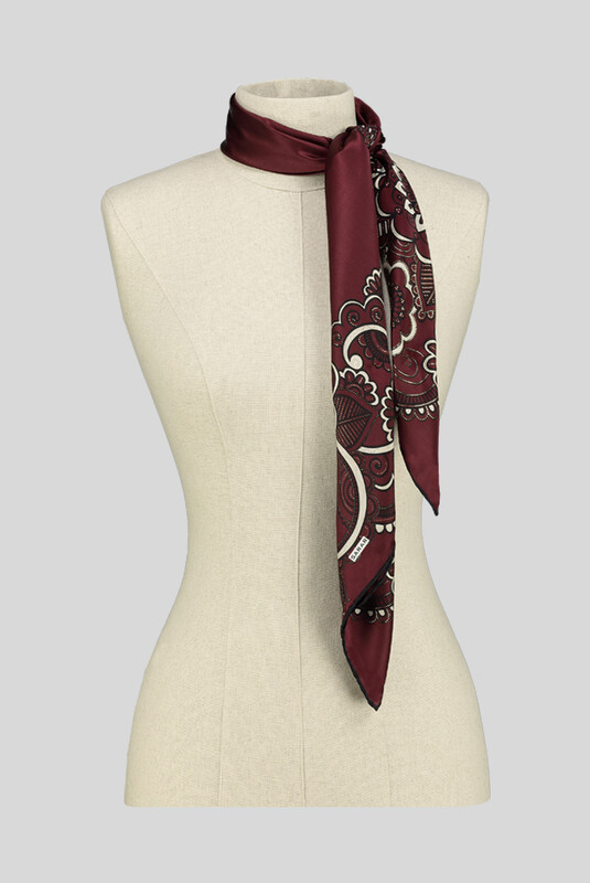 Çiçek Desenli Varaklı Bordo Saten İpek Eşarp - SARAR