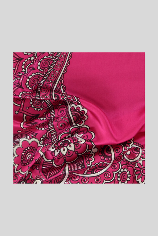 Çiçek Desenli Varaklı Fuşya Saten İpek Eşarp - SARAR