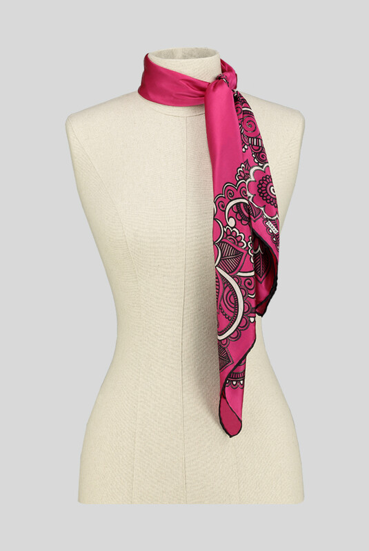 Çiçek Desenli Varaklı Fuşya Saten İpek Eşarp - SARAR