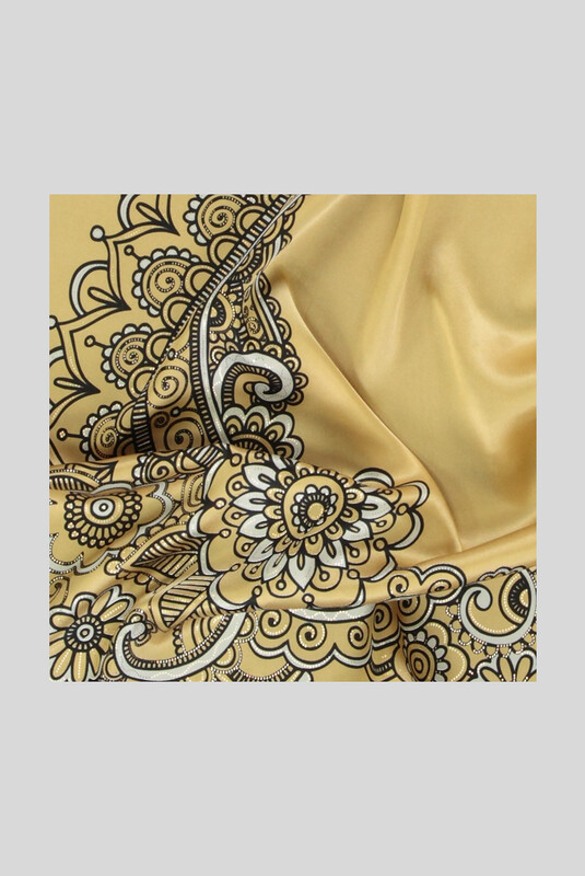 Çiçek Desenli Varaklı Gold Saten İpek Eşarp - SARAR