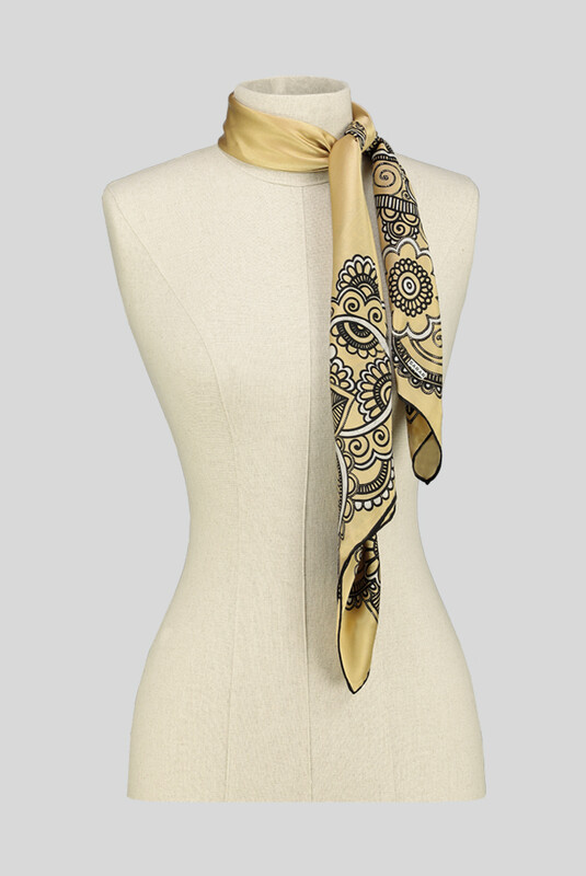 Çiçek Desenli Varaklı Gold Saten İpek Eşarp - SARAR