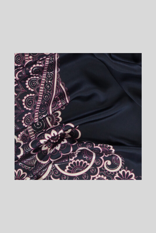 Çiçek Desenli Varaklı Lacivert Saten İpek Eşarp - SARAR