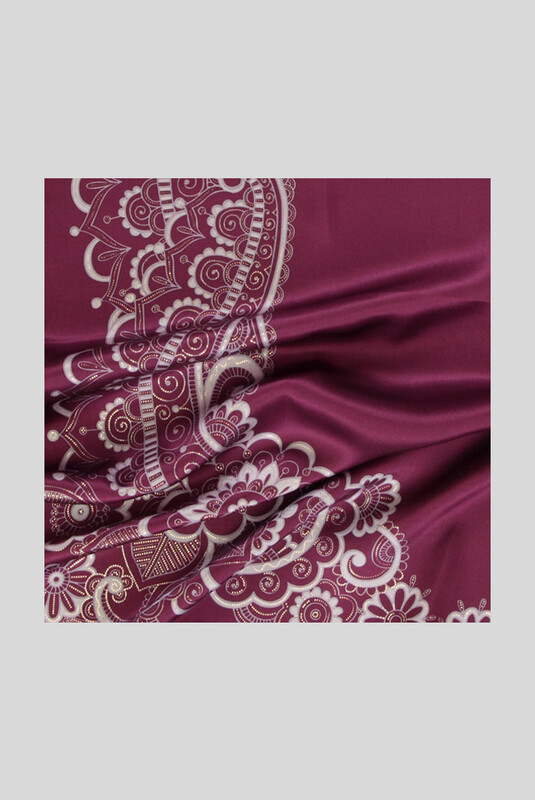 Çiçek Desenli Varaklı Mürdüm Saten İpek Eşarp - SARAR