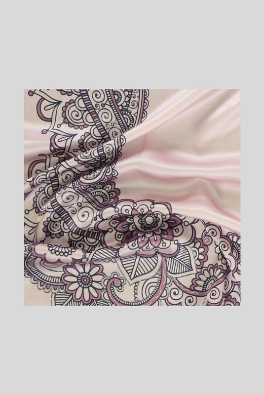 Çiçek Desenli Varaklı Pudra Saten İpek Eşarp - SARAR