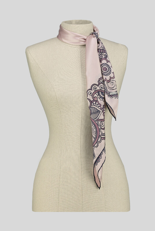 Çiçek Desenli Varaklı Pudra Saten İpek Eşarp - SARAR