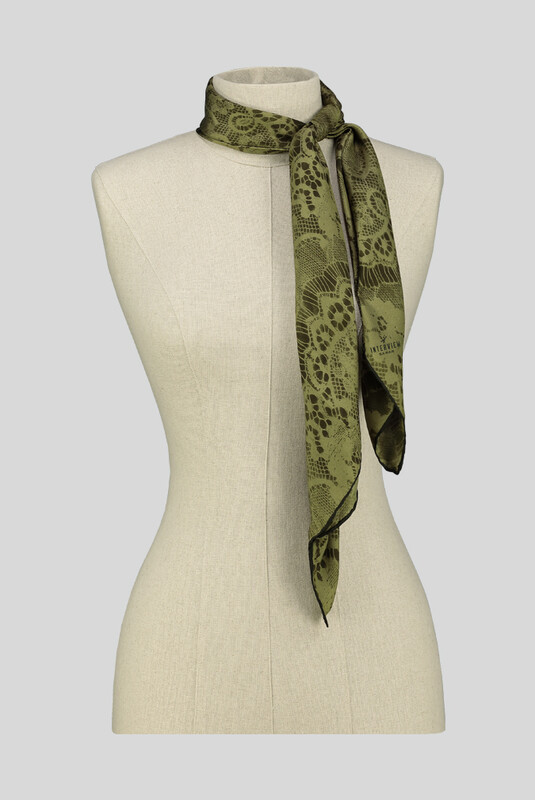 Dantel Desenli Twill Haki İpek Eşarp - SARAR
