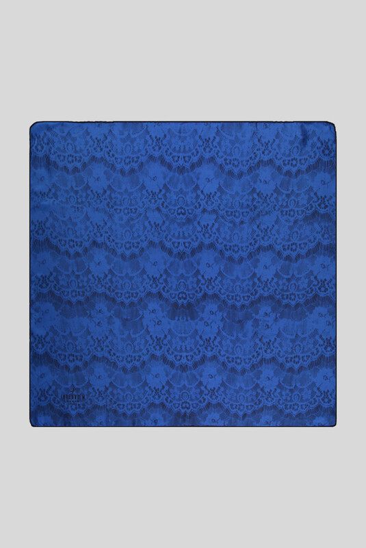 Dantel Desenli Twill Mavi İpek Eşarp 