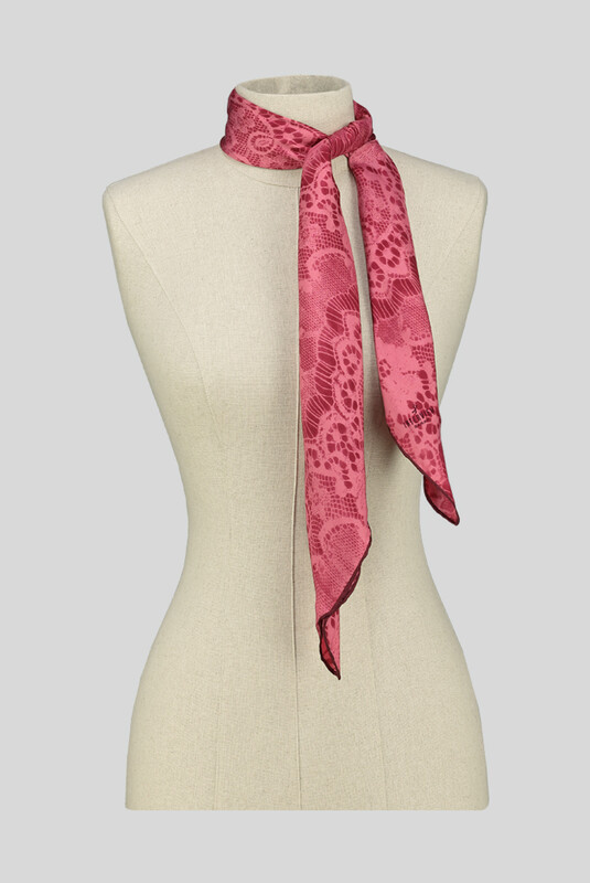 Dantel Desenli Twill Pembe İpek Eşarp - SARAR