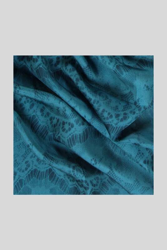 Dantel Desenli Twill Petrol Rengi İpek Eşarp - SARAR