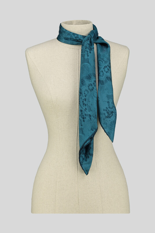 Dantel Desenli Twill Petrol Rengi İpek Eşarp - SARAR