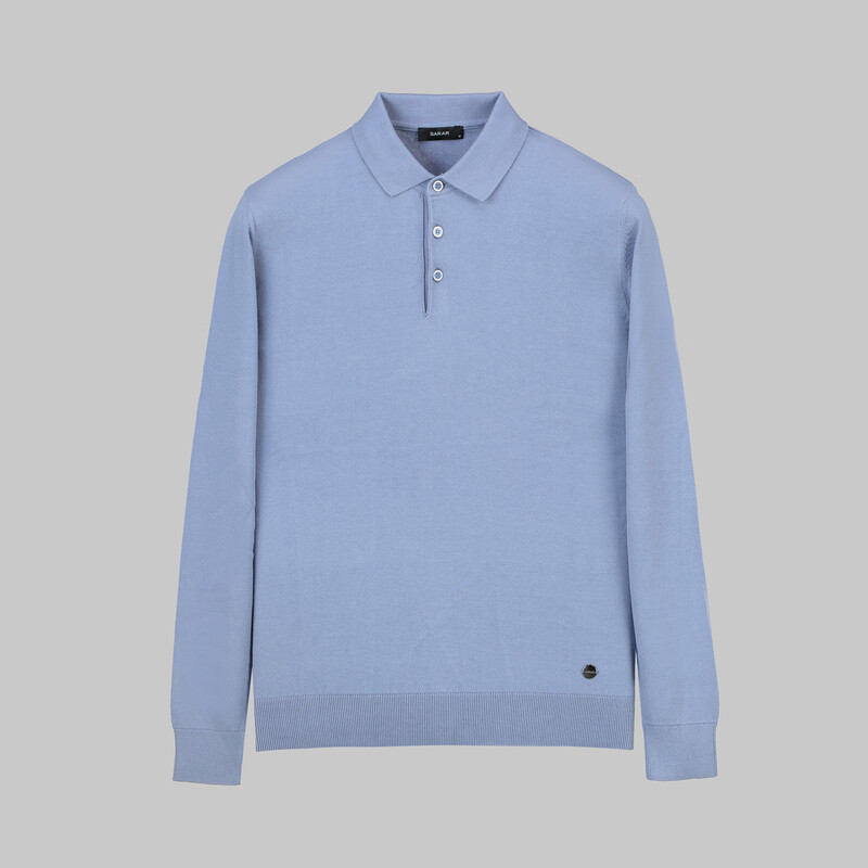 Düğmeli Polo Yaka Pamuklu Mavi Triko - SARAR