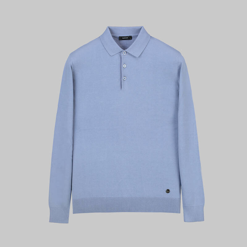 Düğmeli Polo Yaka Pamuklu Mavi Triko - 1