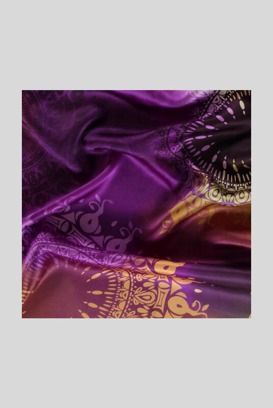 Etnik Desenli Lila Saten İpek Eşarp - SARAR