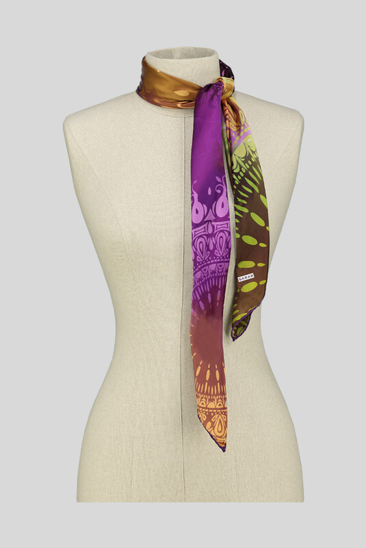 Etnik Desenli Lila Saten İpek Eşarp - SARAR