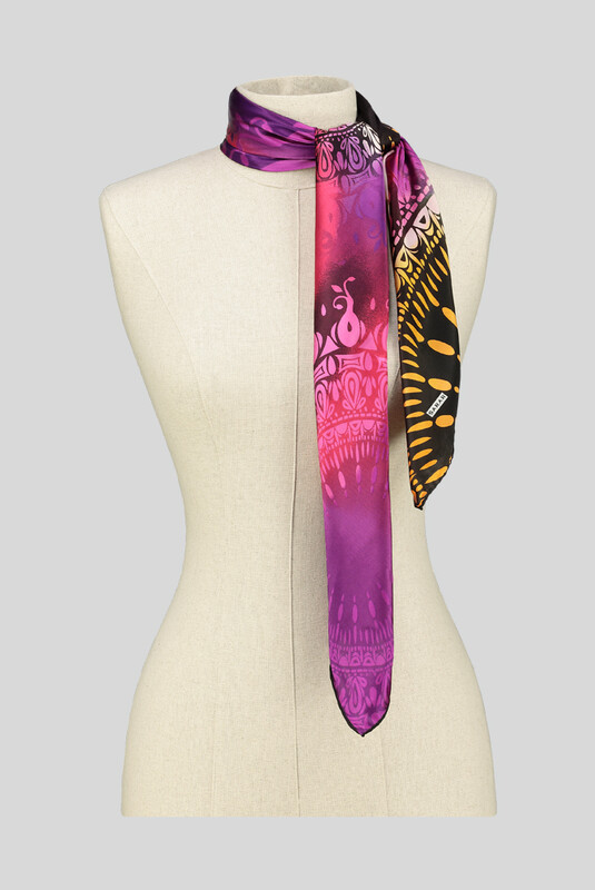 Etnik Desenli Mor Saten İpek Eşarp - SARAR