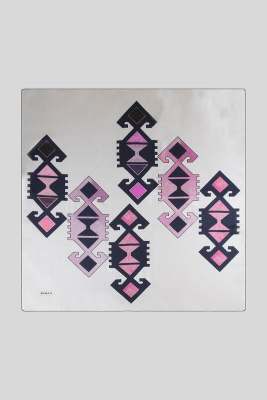 Etnik Desenli Twill Açık Pudra İpek Eşarp - 1
