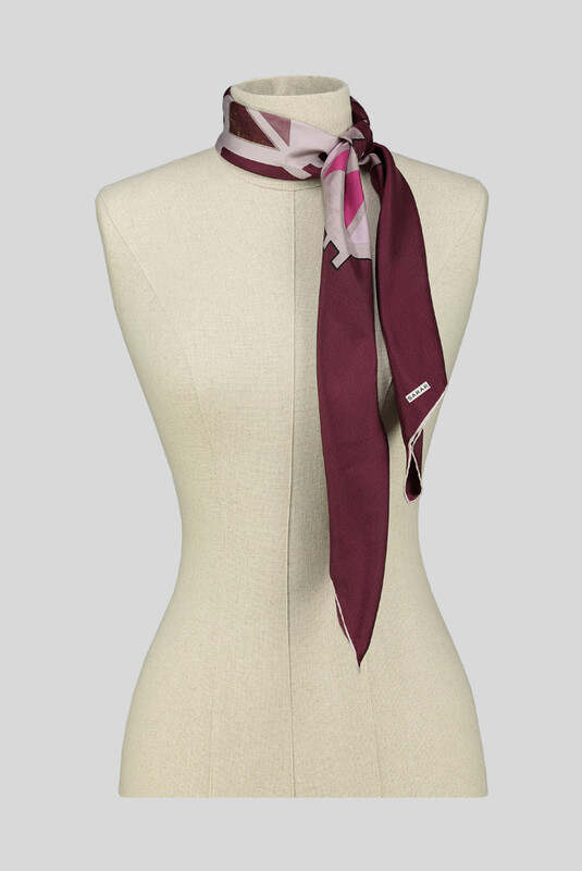 Etnik Desenli Twill Bordo İpek Eşarp - SARAR