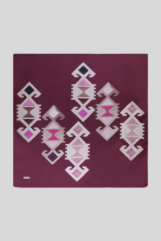Etnik Desenli Twill Bordo İpek Eşarp 