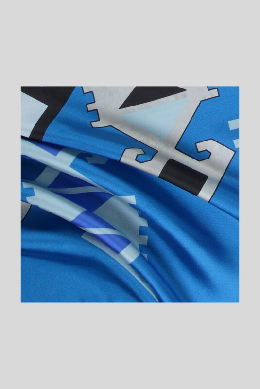 Etnik Desenli Twill Mavi İpek Eşarp - SARAR