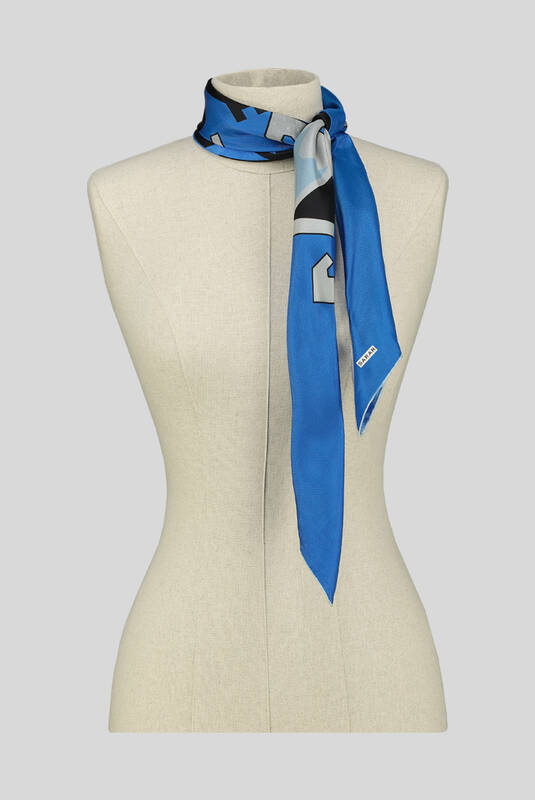 Etnik Desenli Twill Mavi İpek Eşarp - 3