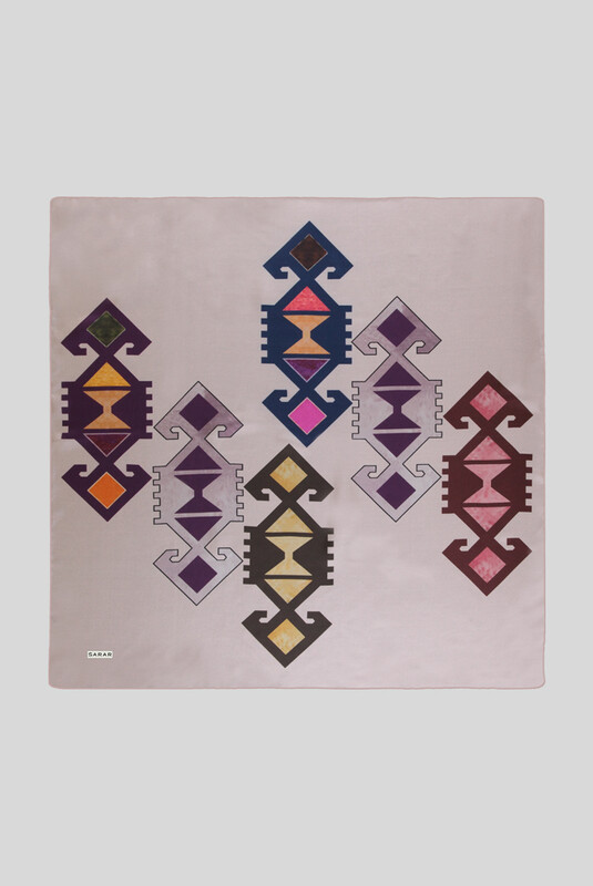 Etnik Desenli Twill Pudra İpek Eşarp 