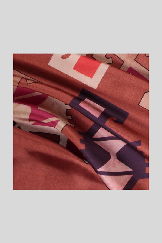 Etnik Desenli Twill Taba İpek Eşarp - SARAR