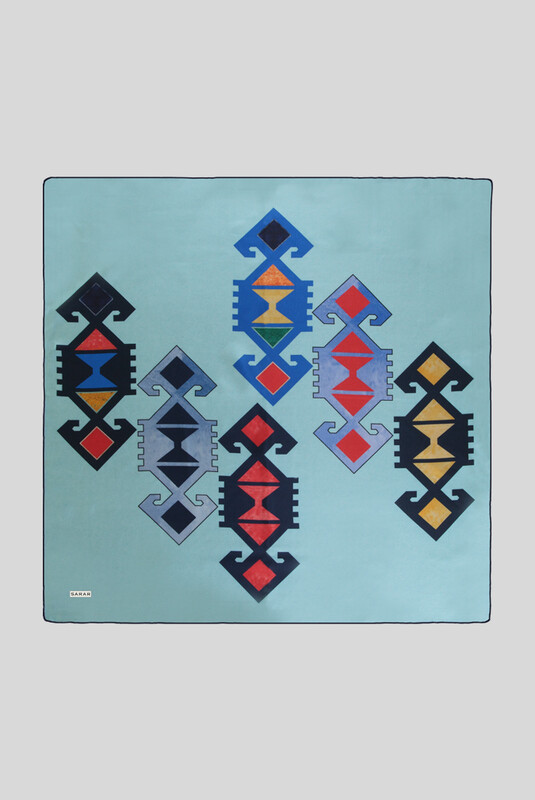 Etnik Desenli Twill Turkuaz İpek Eşarp 
