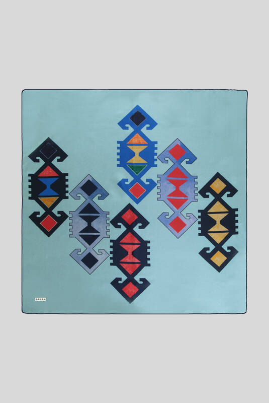 Etnik Desenli Twill Turkuaz İpek Eşarp - 1