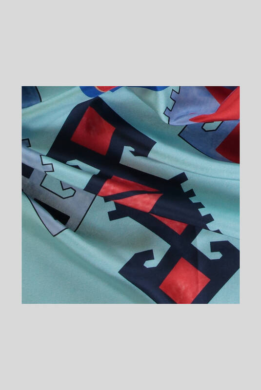 Etnik Desenli Twill Turkuaz İpek Eşarp - 2