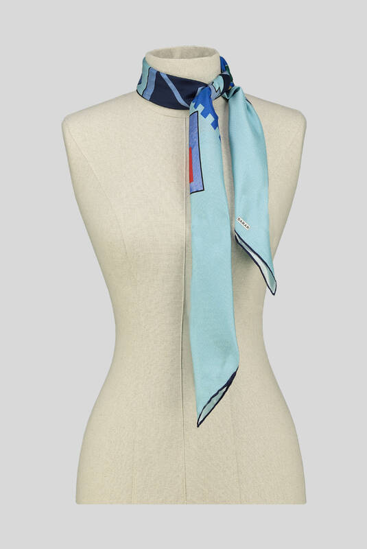 Etnik Desenli Twill Turkuaz İpek Eşarp - 3