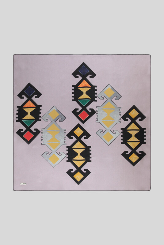 Etnik Desenli Twill Açık Lila İpek Eşarp 
