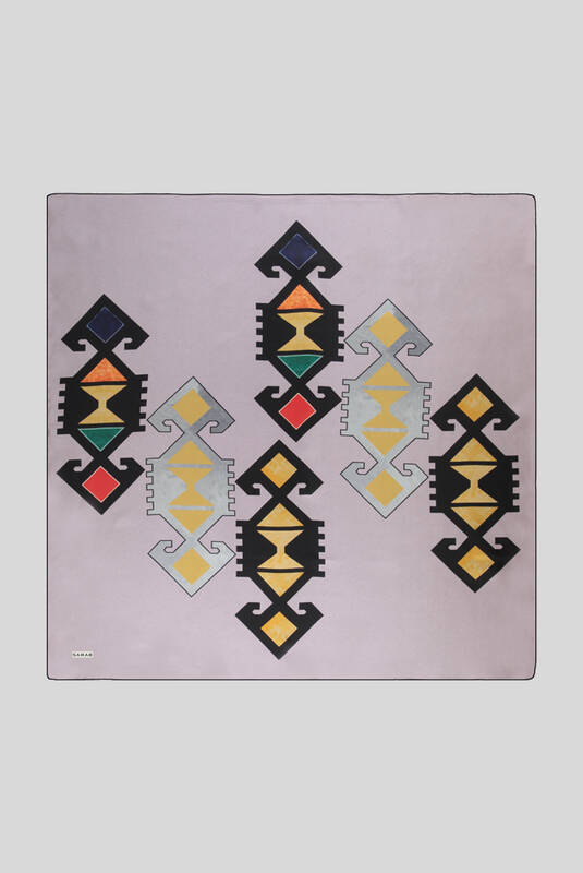 Etnik Desenli Twill Açık Lila İpek Eşarp - 1