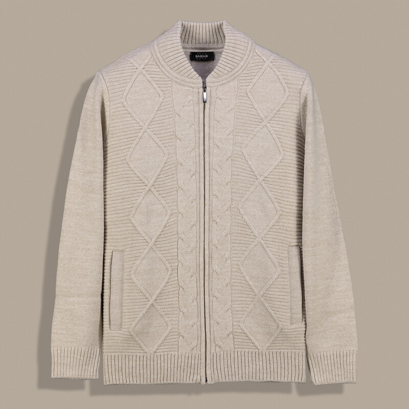 Fermuarlı Desenli Bej Hırka 