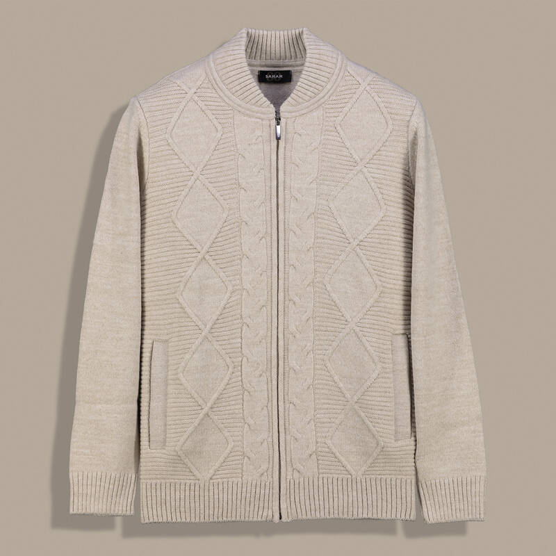 Fermuarlı Desenli Bej Hırka - 1