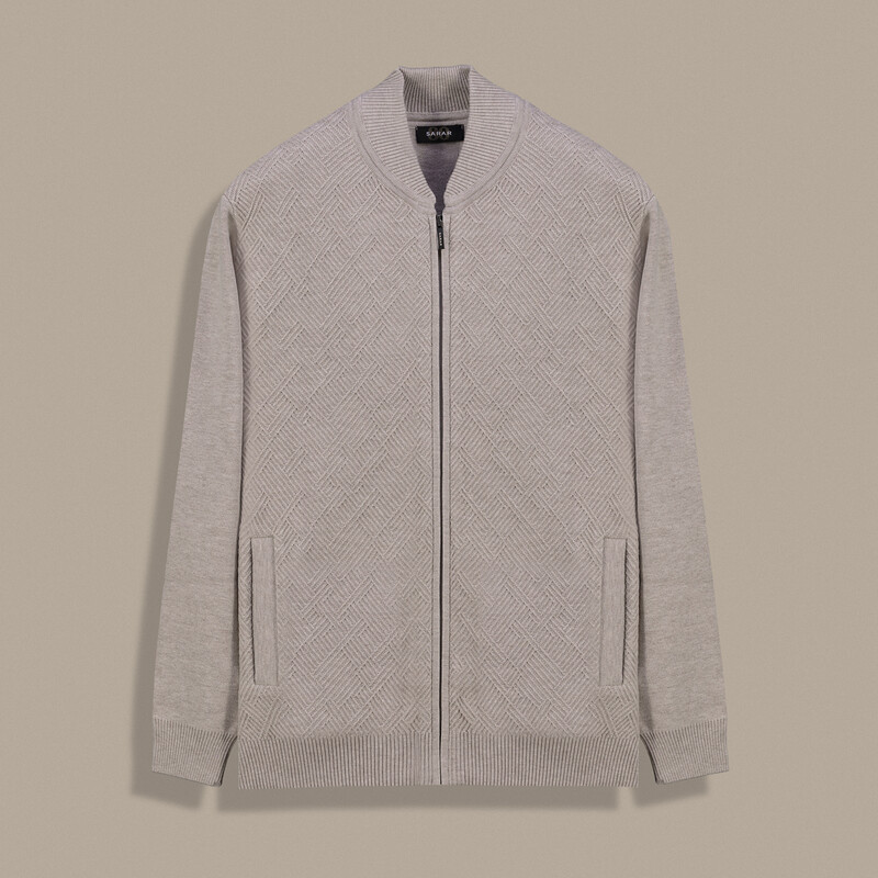 Desenli Fermuarlı Bej Hırka - SARAR