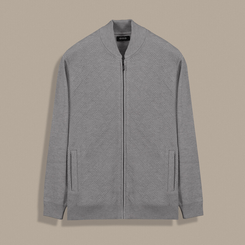 Desenli Fermuarlı Gri Hırka 