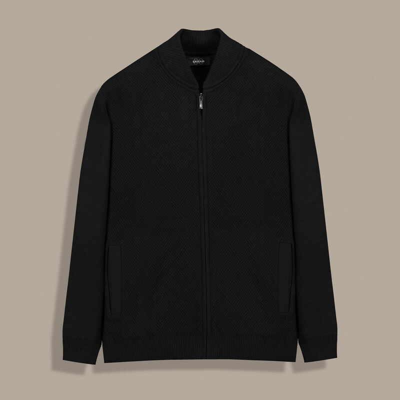 Desenli Fermuarlı Siyah Hırka 