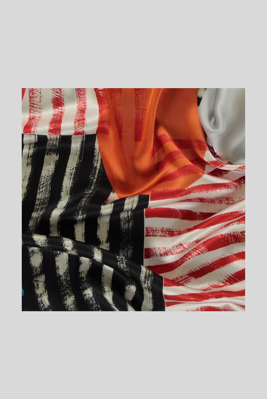 Geometrik Desenli Kırmızı Saten İpek Eşarp - SARAR