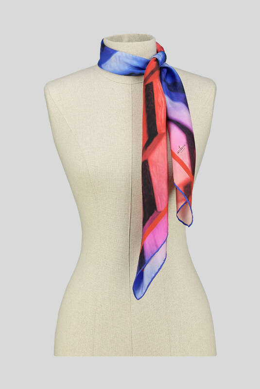 Geometrik Desenli Twill Mavi İpek Eşarp - 3