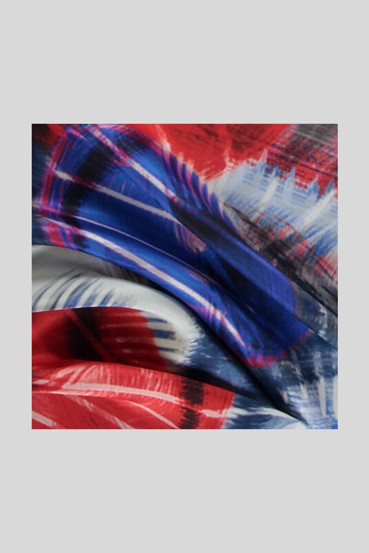 Desenli Geometrik Twill Mavi İpek Eşarp - SARAR