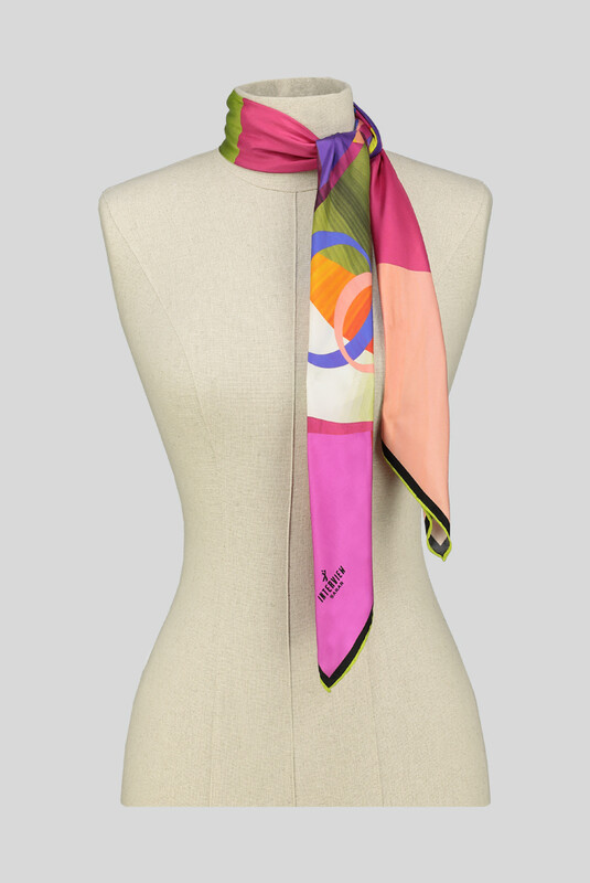 Geometrik Desenli Fuşya Twill İpek Eşarp - SARAR