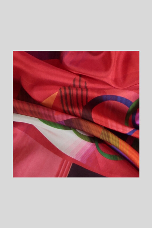 Geometrik Desenli Kırmızı Twill İpek Eşarp - SARAR